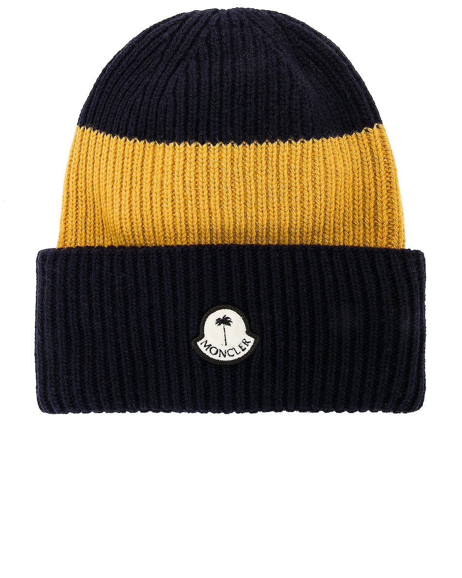 Image 1 of Moncler Genius x Palm Angels Beanie in Navy Yellow Stripe