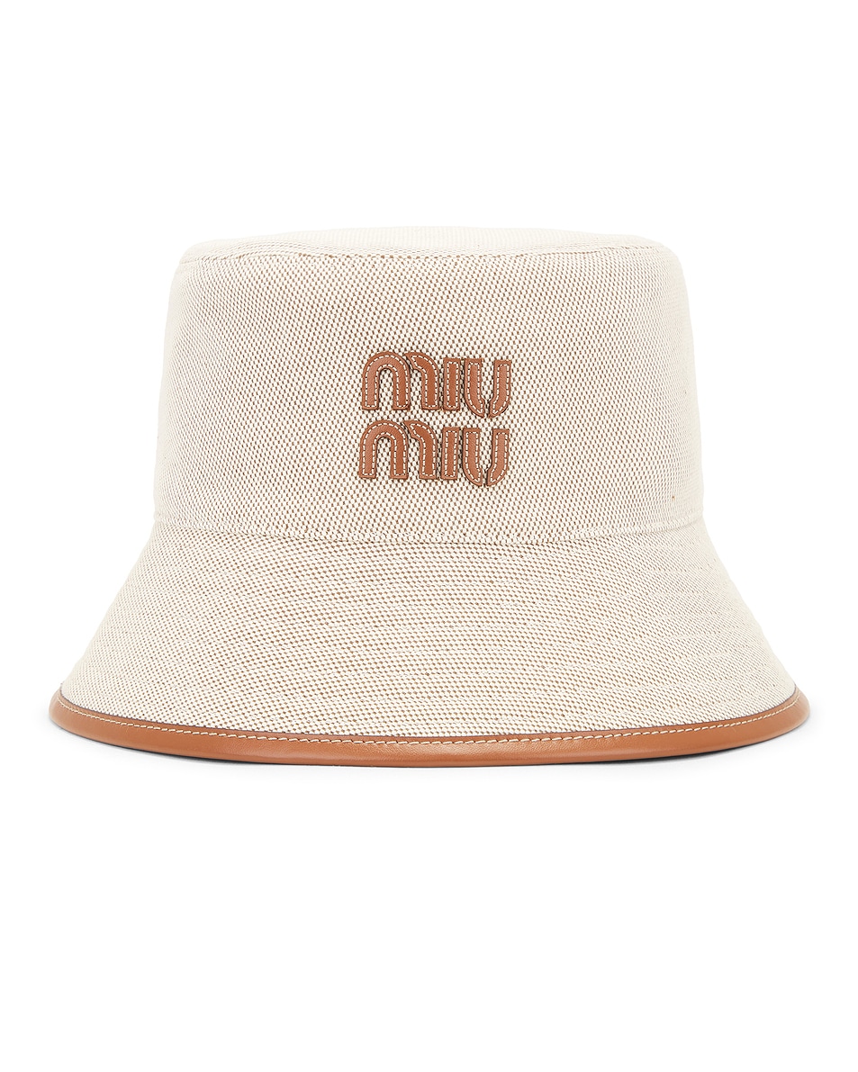 Image 1 of Miu Miu Logo Bucket Hat in Natural & Brandy