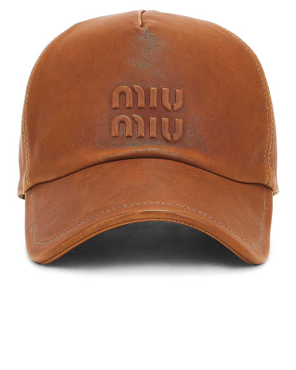 Image 1 of Miu Miu Logo Leather Hat in Caramel