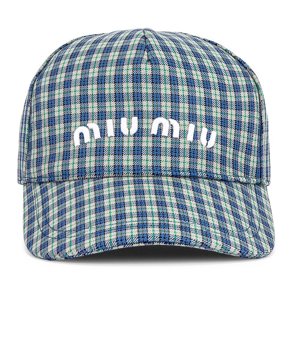 Image 1 of Miu Miu Plaid Baseball Hat in Celeste