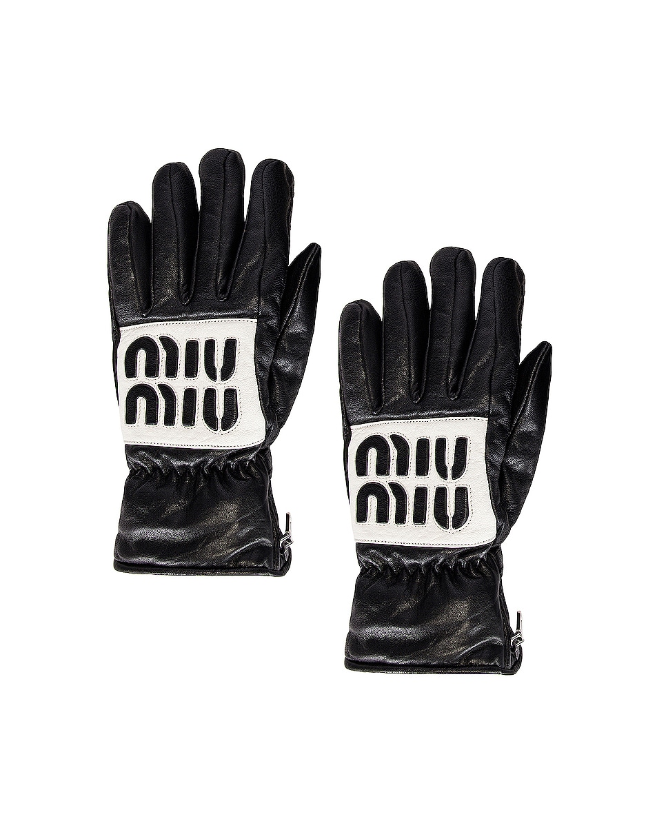 Image 1 of Miu Miu Logo Gloves in Nero & Bianco