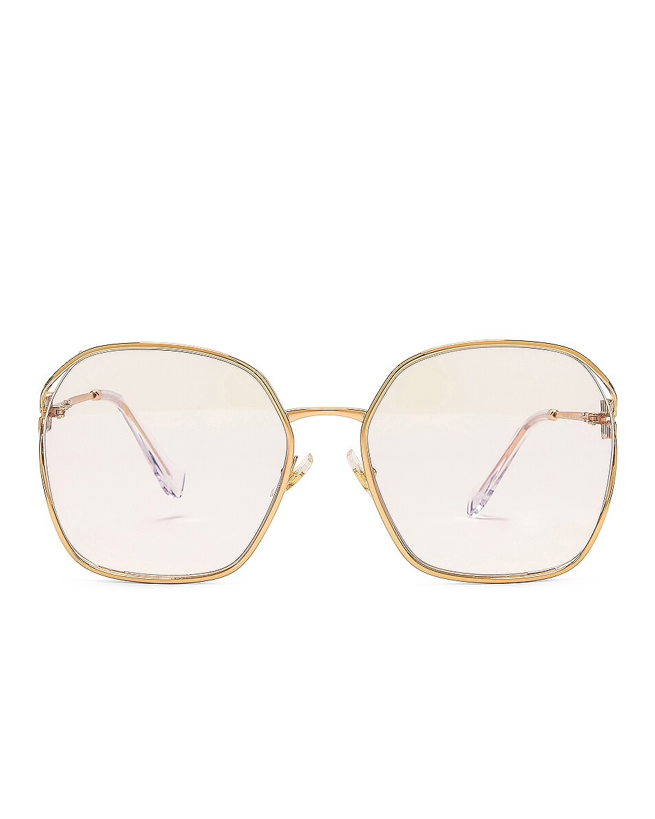Image 1 of Miu Miu Oversized Square Eyeglasses in Gold & Clear Blue Light Filter
