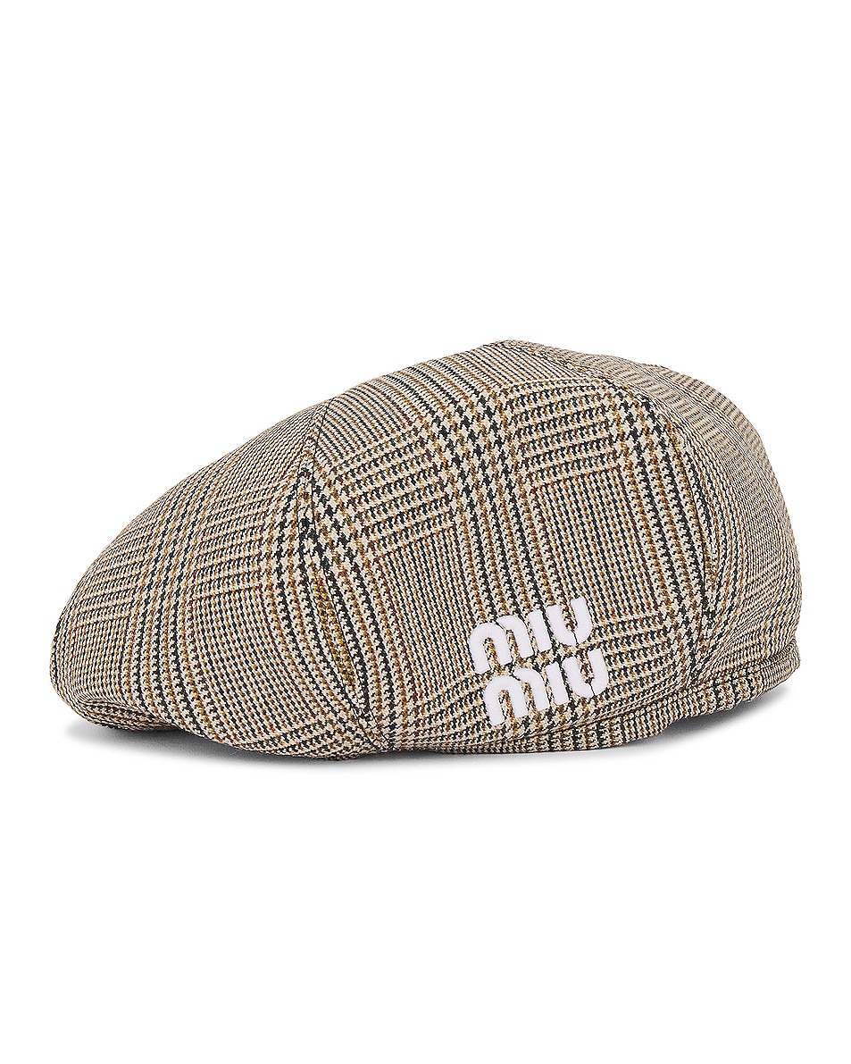 Image 1 of Miu Miu Tweed Logo Beret in Tabacco