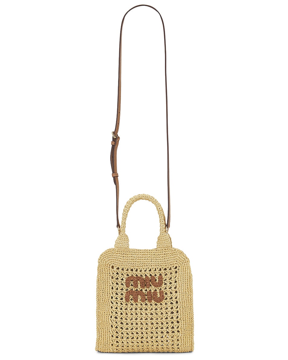 Image 1 of Miu Miu Logo Crochet Tote Bag in Naturale & Cognac
