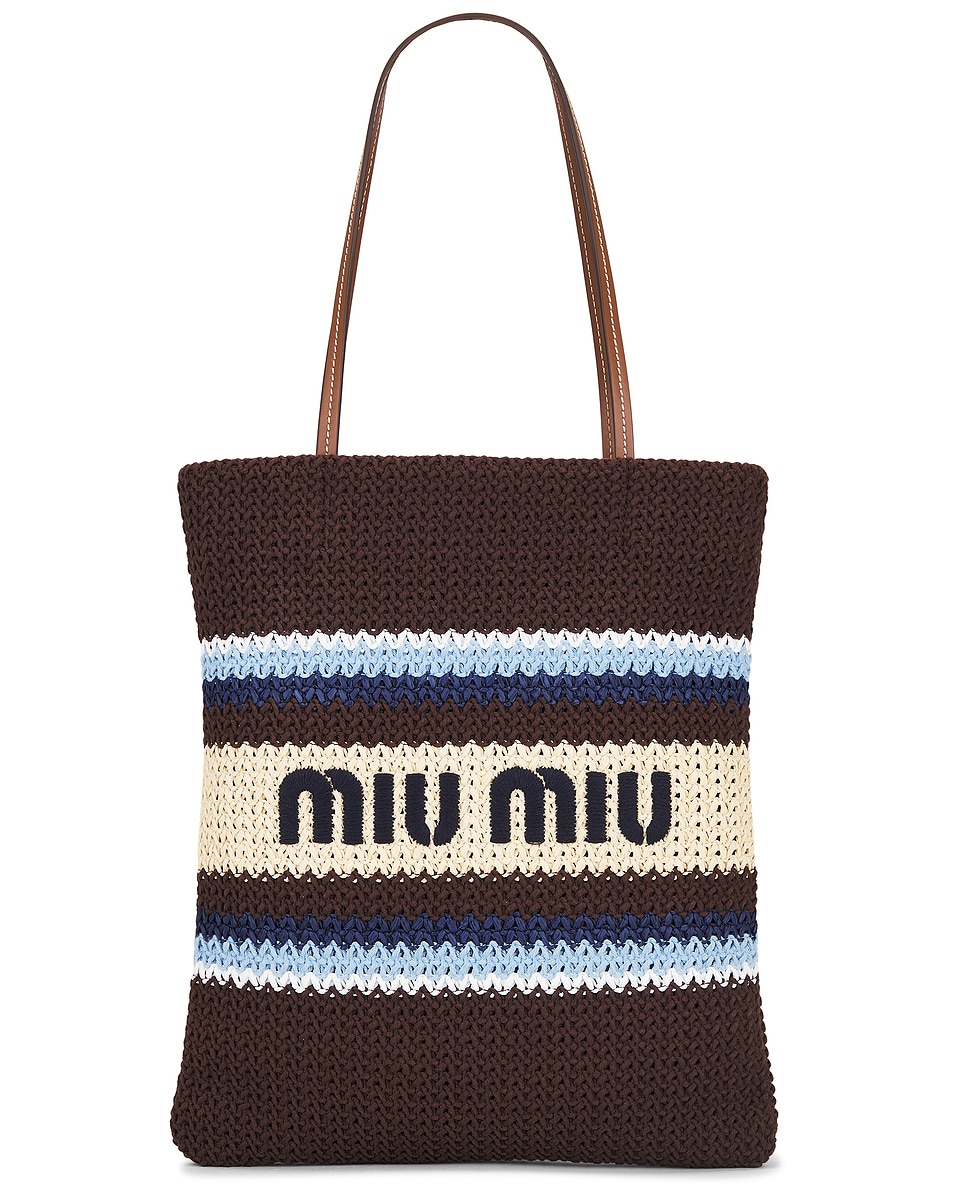 Image 1 of Miu Miu Logo Tote Bag in Cacao, Celeste, & Natural