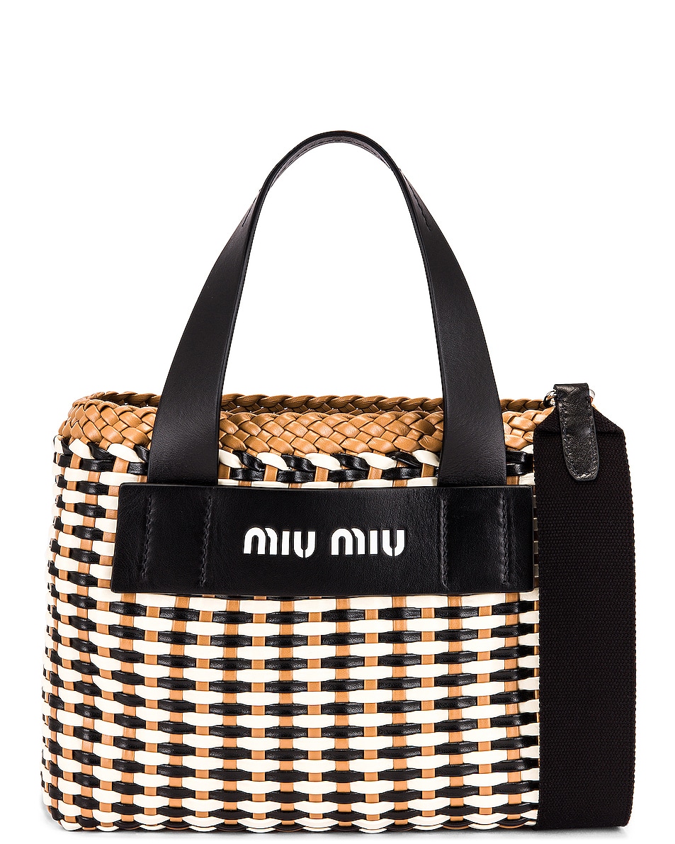 Image 1 of Miu Miu Straw Bag in Black & Caramel