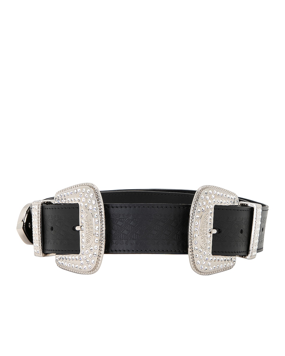 Image 1 of Moschino Jeans Leather Belt in Fantasy Print Black