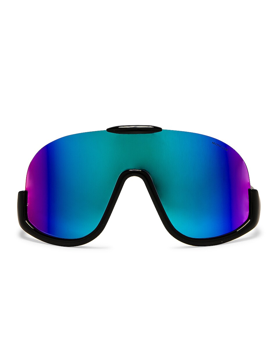 Image 1 of Moncler Shield Sunglasses in Shiny Black & Turquoise Mirror