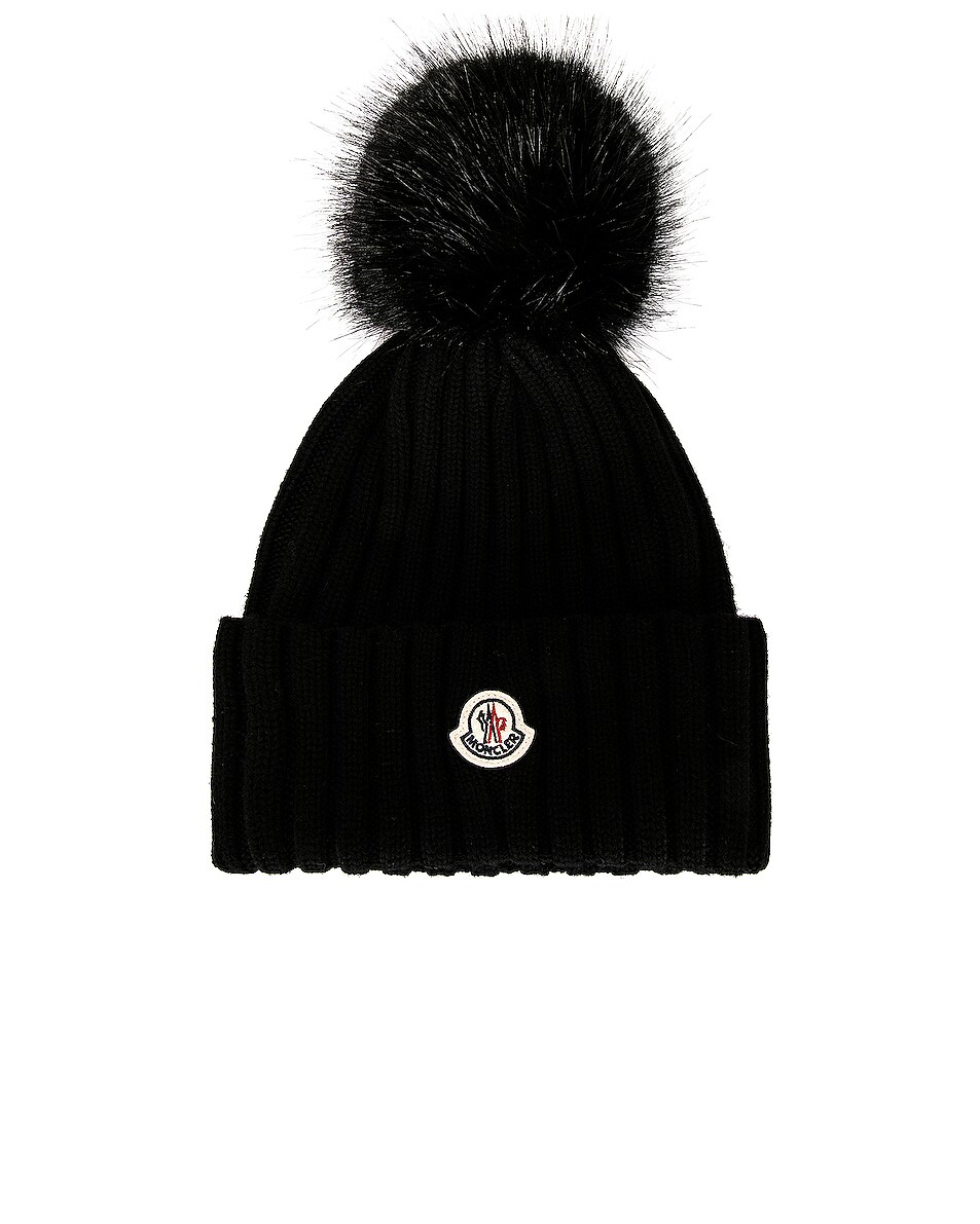 Image 1 of Moncler Faux Fur Beanie in Black