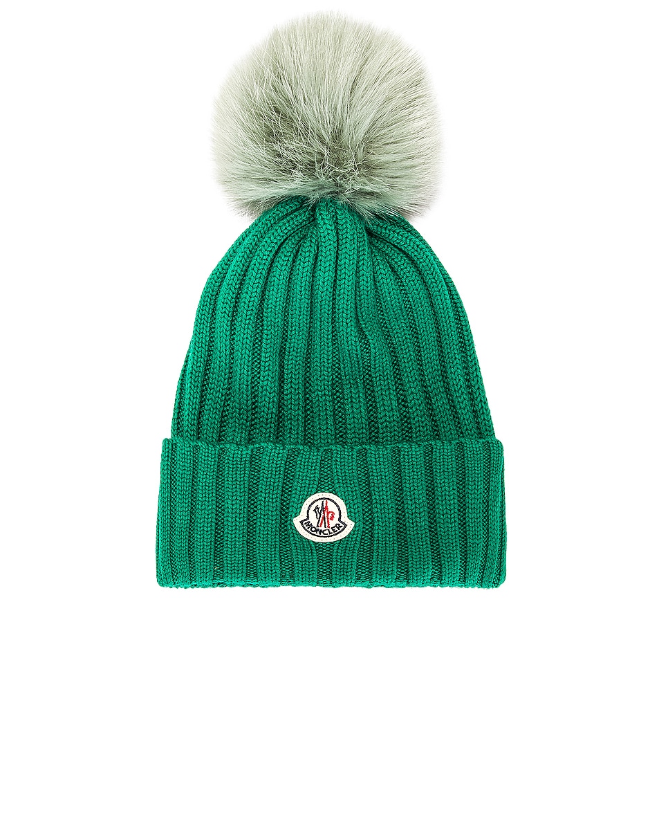 Image 1 of Moncler Faux Fur Beanie in Green