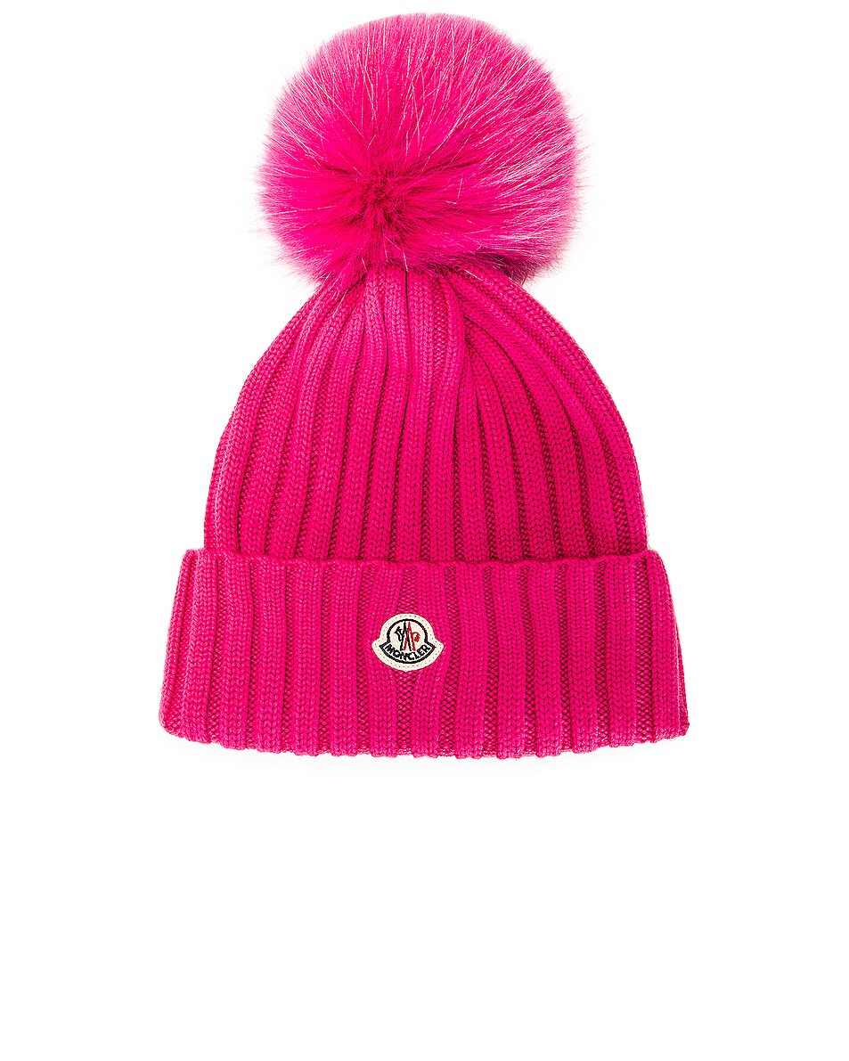 Image 1 of Moncler Faux Fur Beanie in Pink
