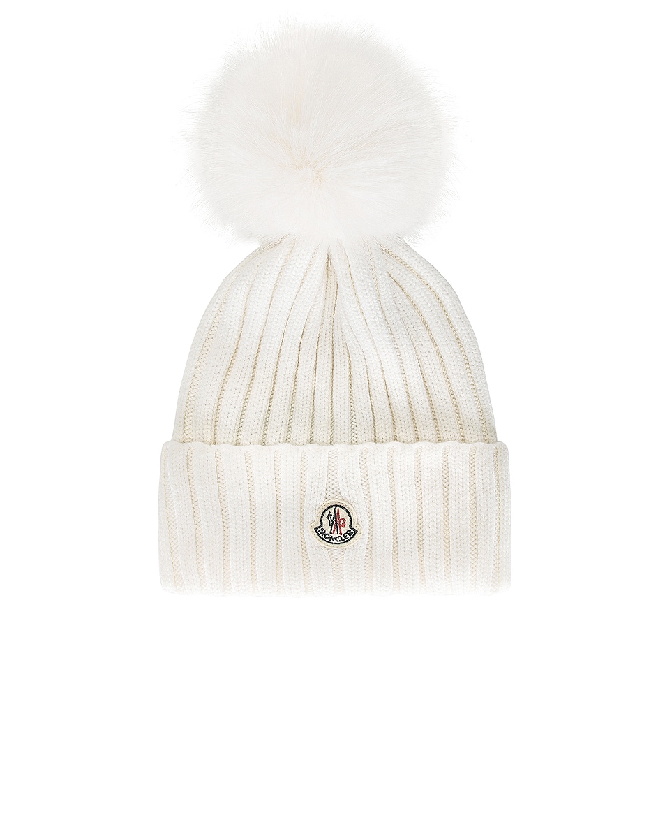Image 1 of Moncler Faux Fur Beanie in White