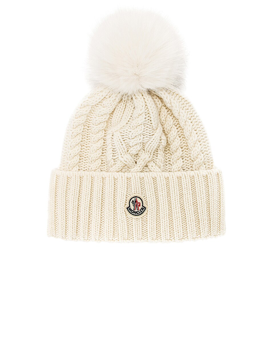 Image 1 of Moncler Faux Fur Pom Pom Beanie in White