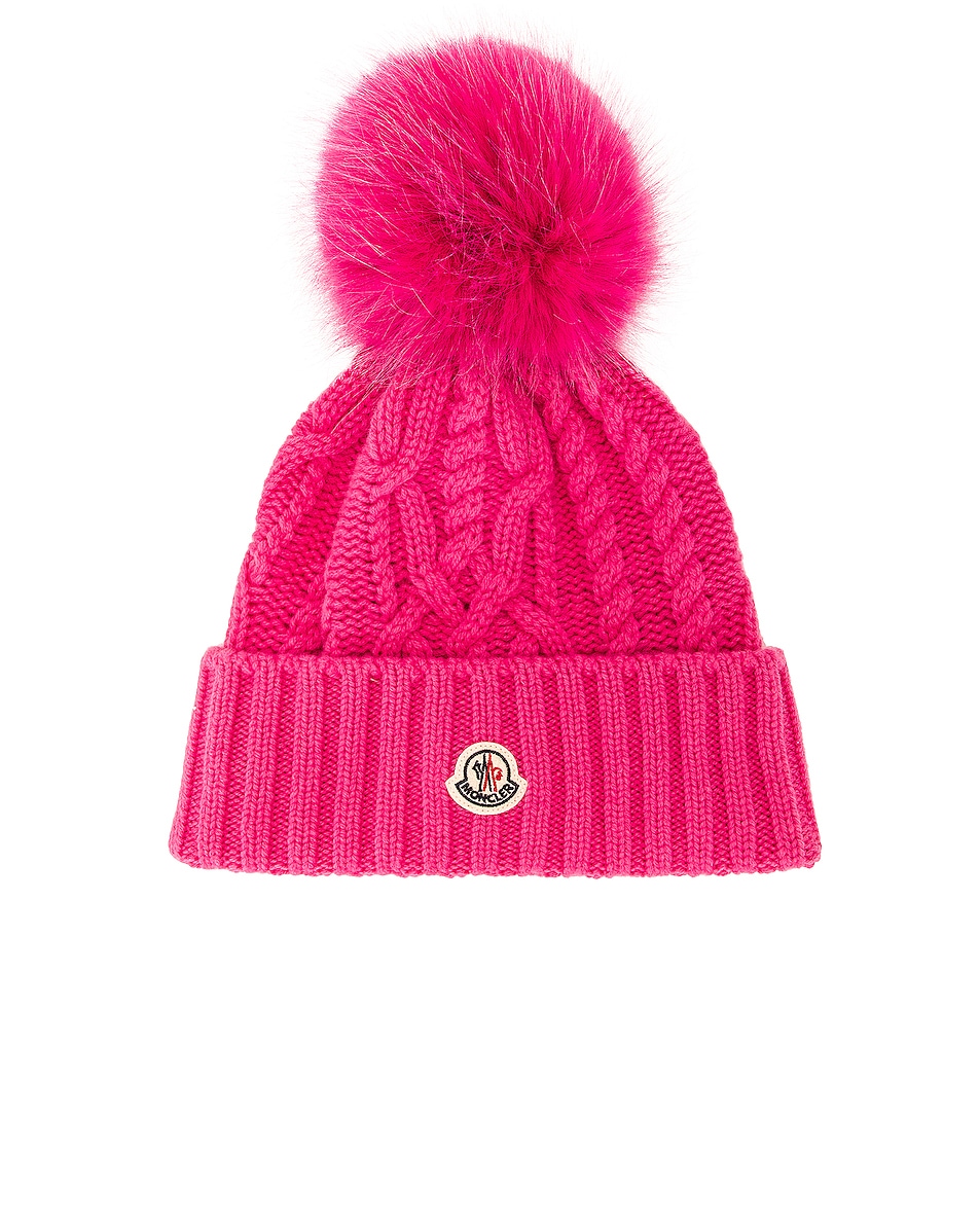 Image 1 of Moncler Faux Fur Beanie in Pink