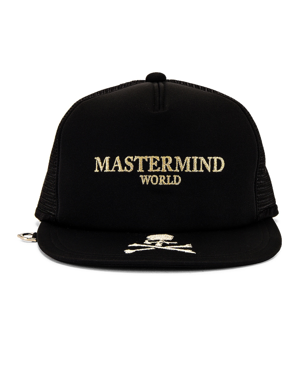 Image 1 of Mastermind World Embroidered Trucker Cap in Black