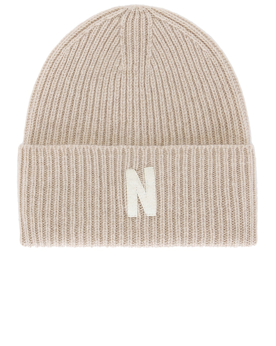 Image 1 of Norse Projects Merino Lambswool Rib N Logo Beanie in Oatmeal