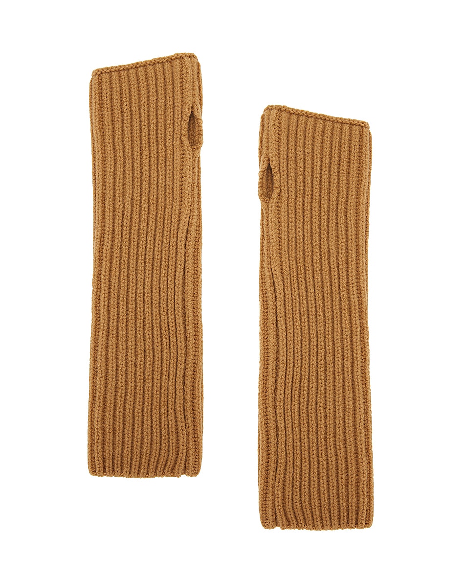 Image 1 of OFF-WHITE Helvet Wool Knit Half Gloves in Camel