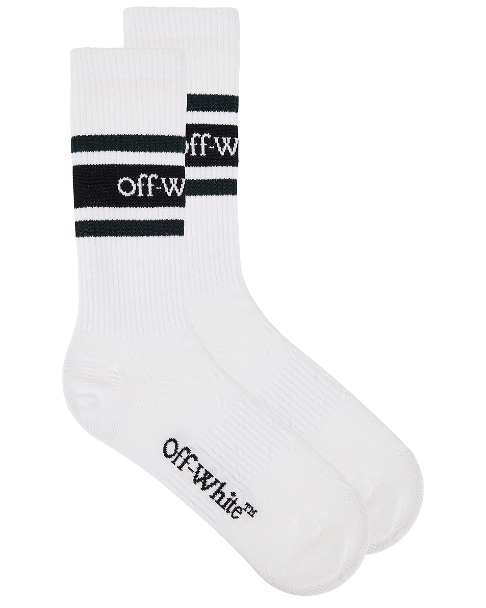 Image 1 of OFF-WHITE Stripes Logo Socks in White & Forest Green