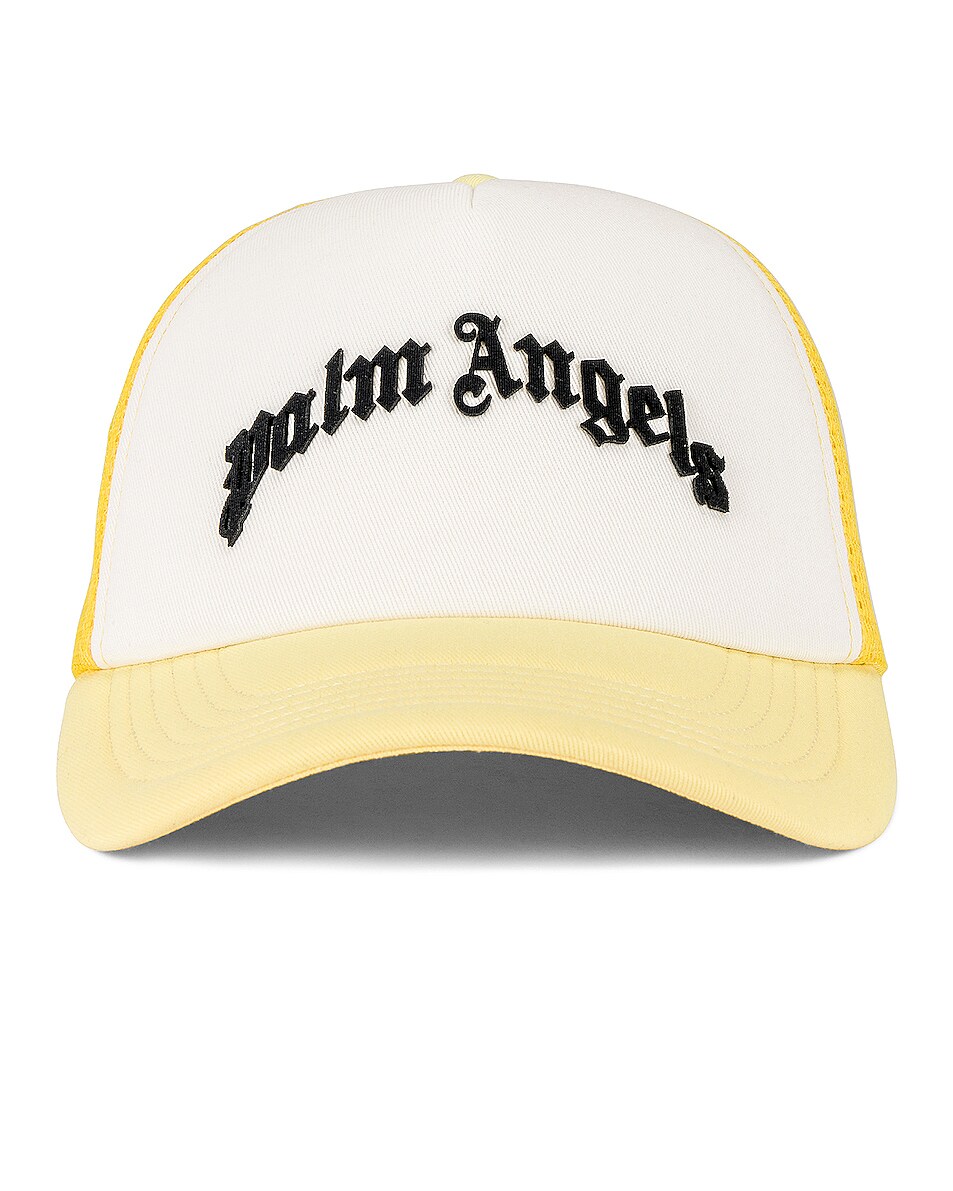Image 1 of Palm Angels Curved Logo Trucker Hat in Yellow & Black