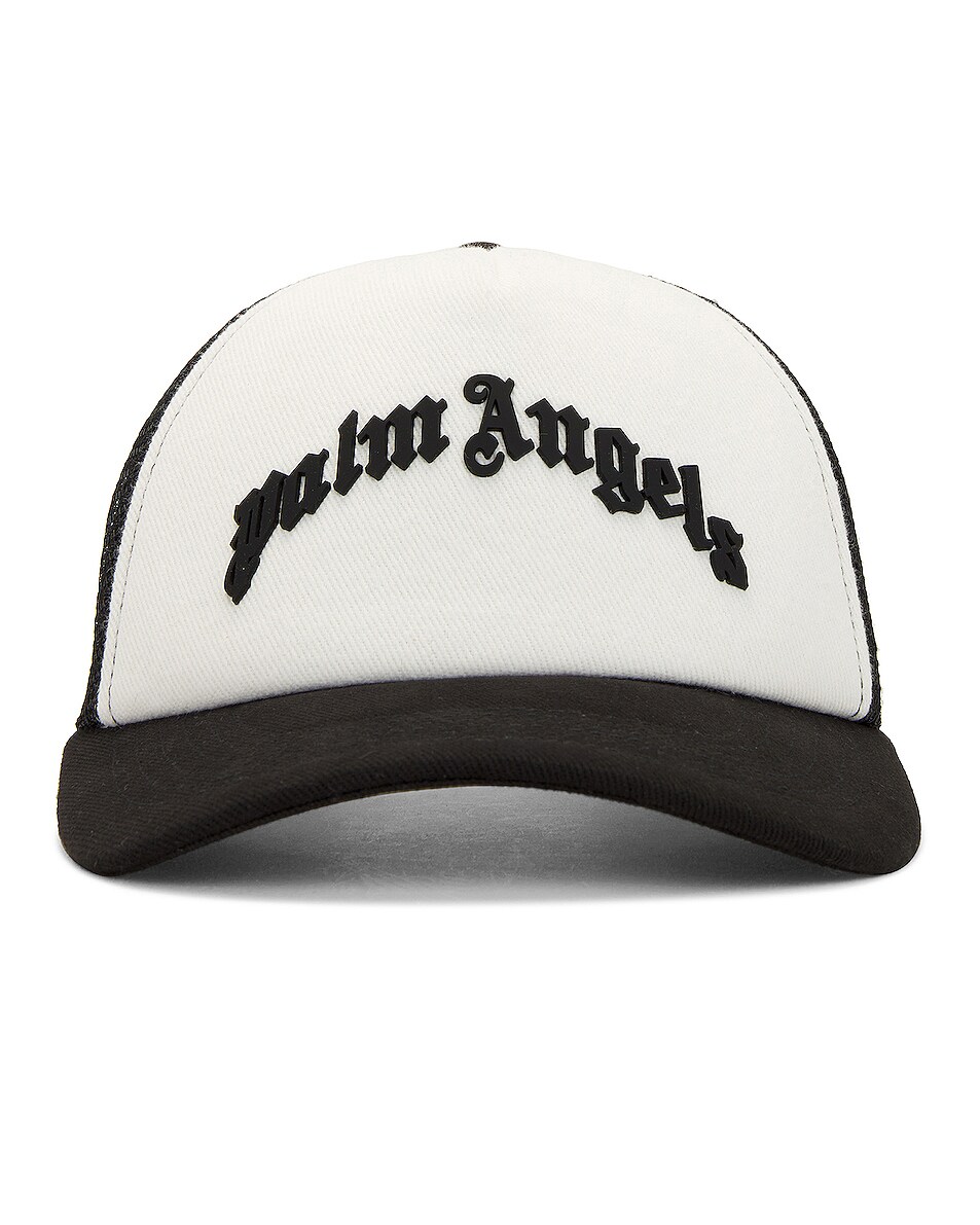 Image 1 of Palm Angels Curved Logo Mesh Cap in Black & White