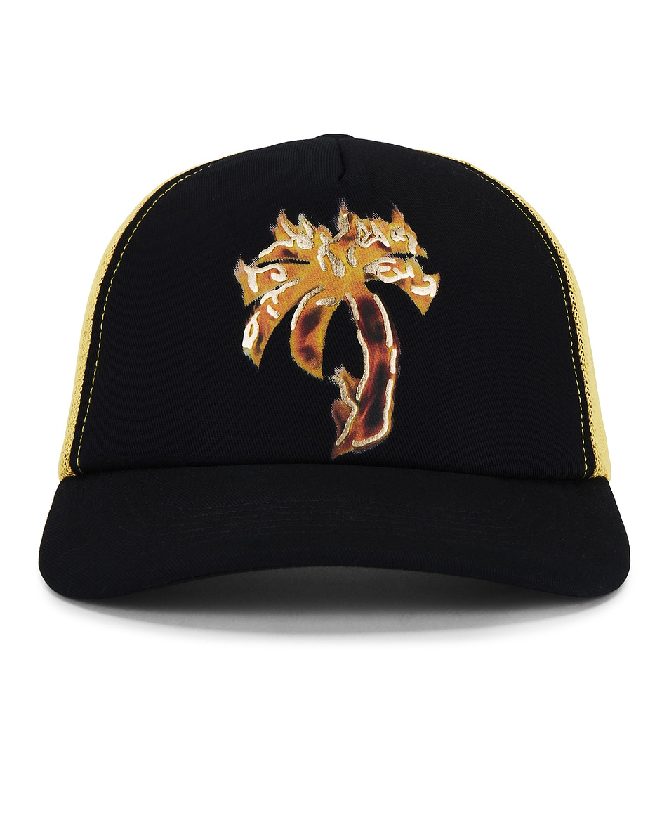 Image 1 of Palm Angels Burning Palm Trucker Hat in Black & Gold