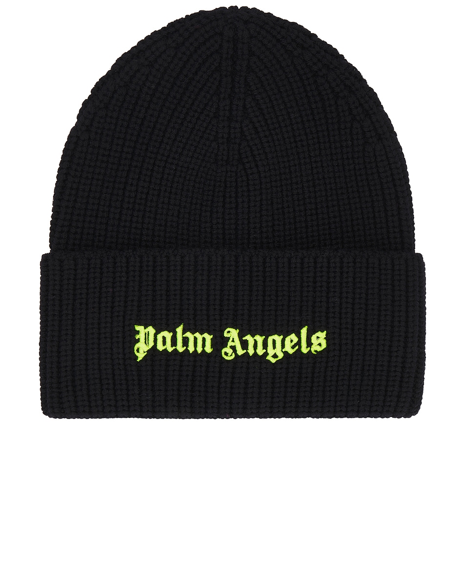 Image 1 of Palm Angels Classic Logo Ribbed Beanie in Black & Yellow