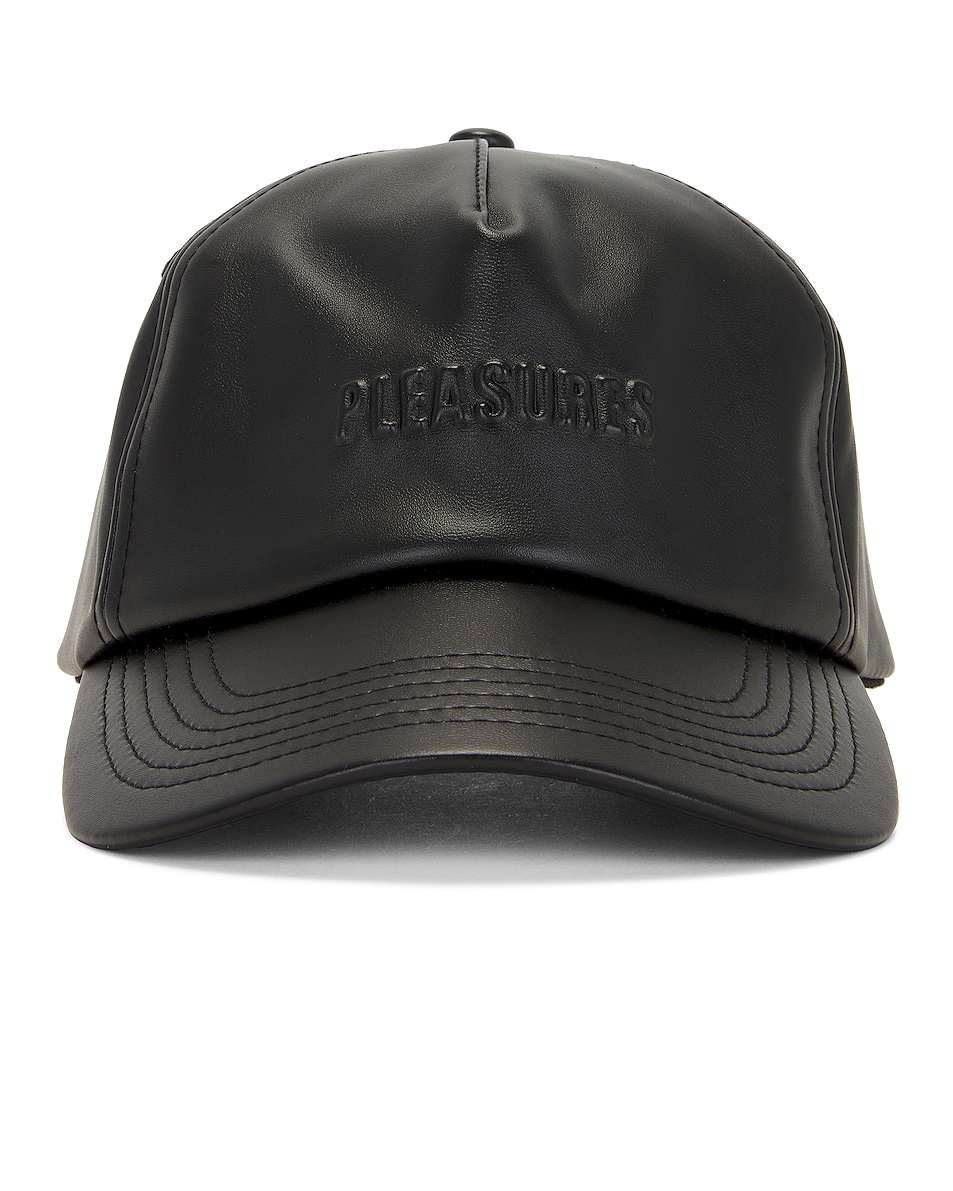 Image 1 of Pleasures Debossed Vegan Leather 5 Panel Hat in Black