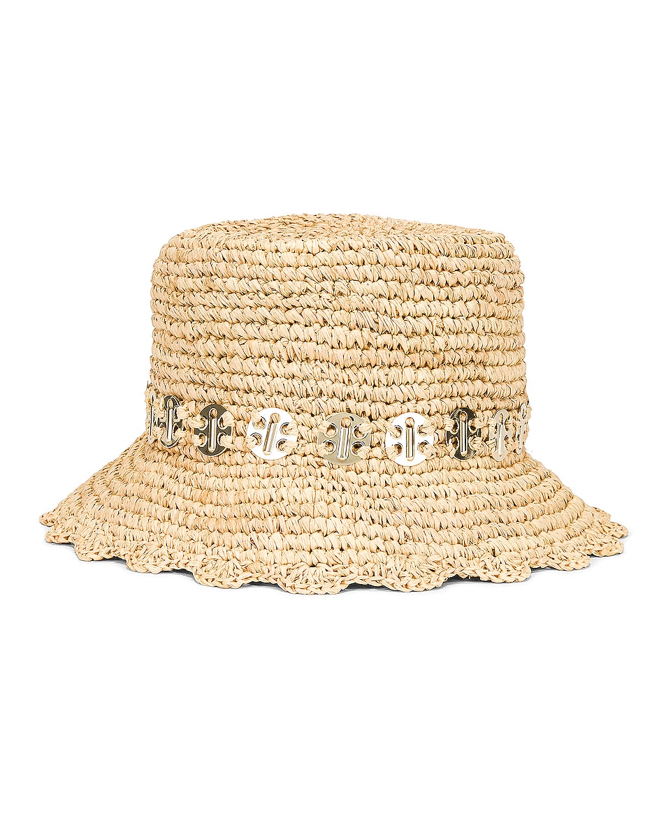 Image 1 of RABANNE Raffia Bucket Hat in Natural & Light Gold