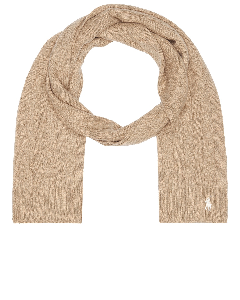 Image 1 of Polo Ralph Lauren Cable Knit Scarf in Camel