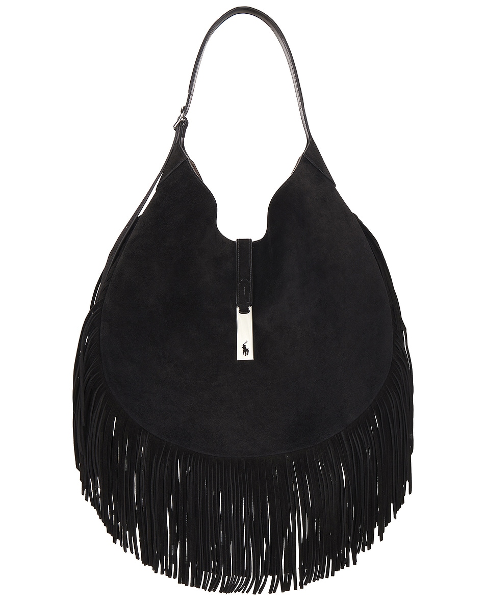 Image 1 of Polo Ralph Lauren Large Fringe Suede Id Shoulder Bag in Black