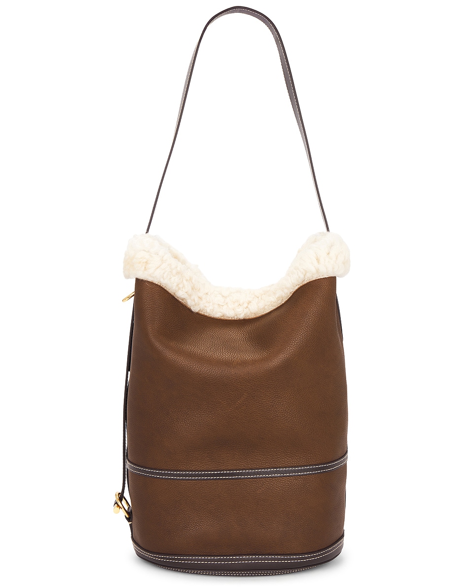 Image 1 of Polo Ralph Lauren Medium Shearling Bucket Bag in Luggage & Cream