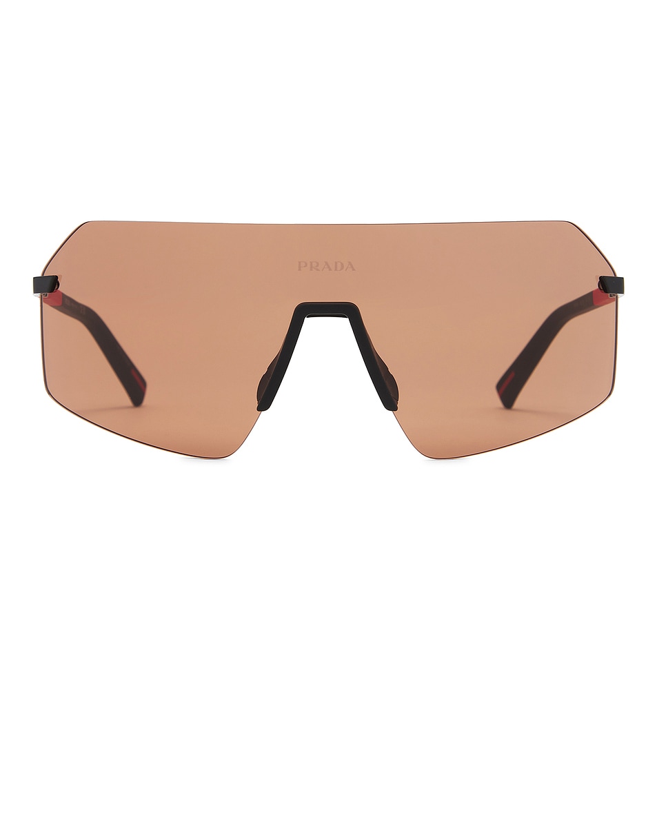 Image 1 of Prada Shield Sunglasses in Black & Solid Brown