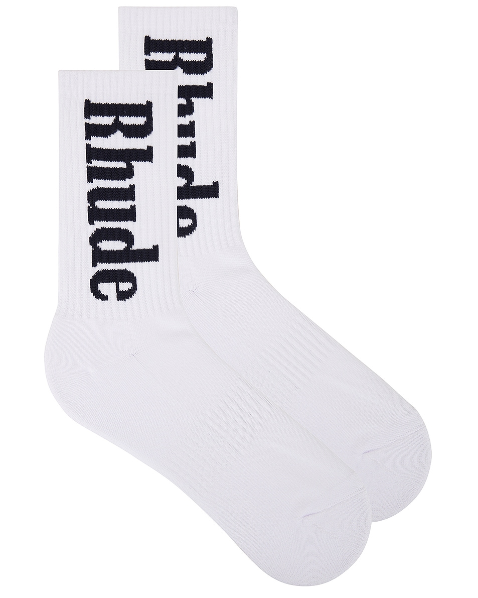 Image 1 of Rhude Vertical Logo Socks in White & Navy