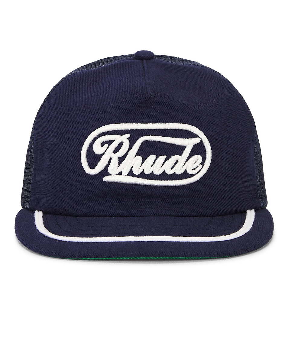 Image 1 of Rhude Patch Trucker Hat in Navy & White