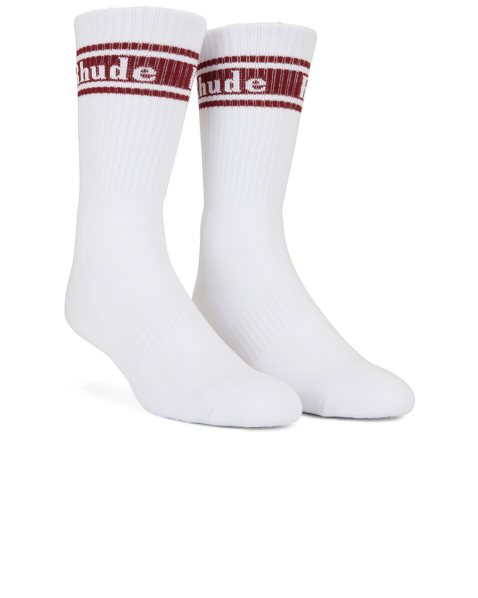 Image 1 of Rhude Stripe Logo Sock in White & Maroon