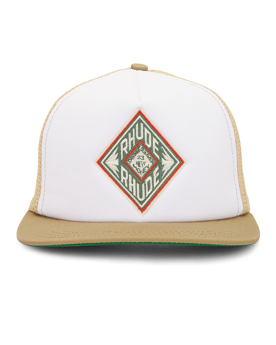 Image 1 of Rhude Diamond Trucker Hat in Tan & White
