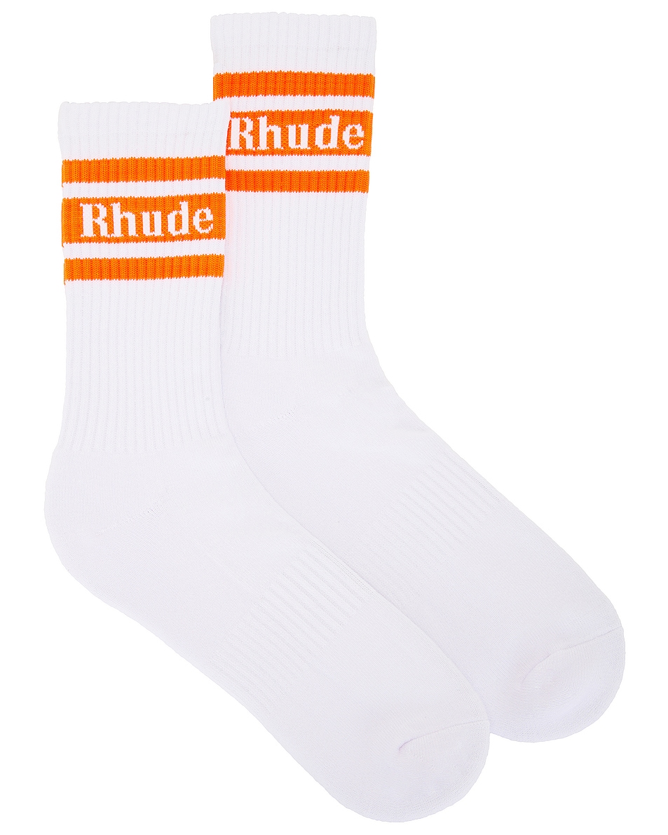 Image 1 of Rhude Striped Logo Sock in White & Orange