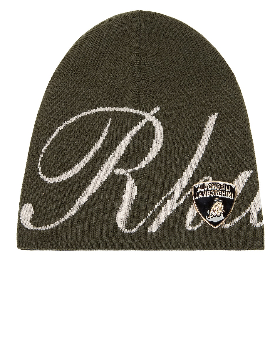 Rhude x Automobili Script Knit Beanie in Olive & Ivory FWRD