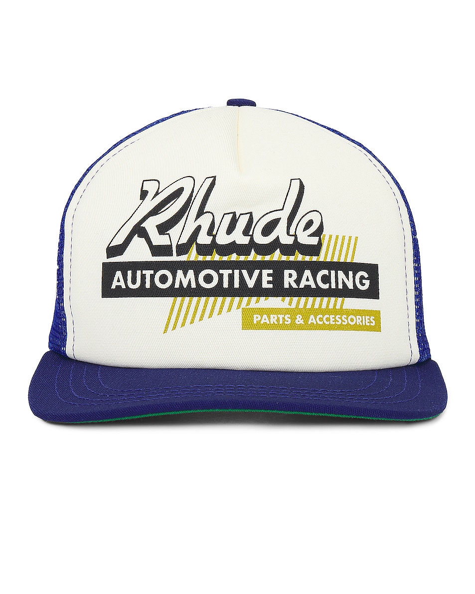 Image 1 of Rhude Auto Racing Trucker Hat in Navy & Ivory