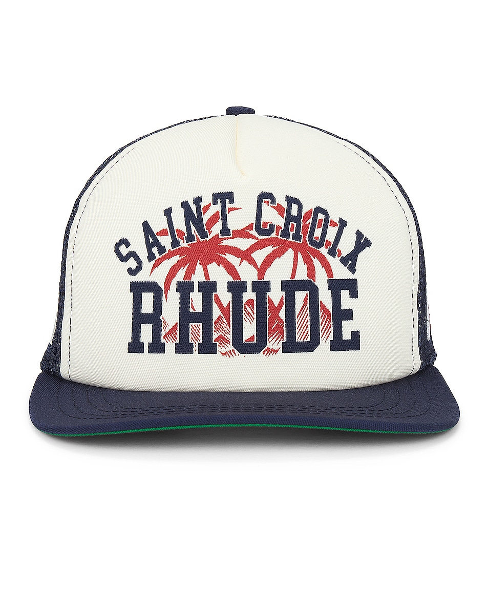 Image 1 of Rhude Saint Croix Trucker Hat in Navy & Ivory