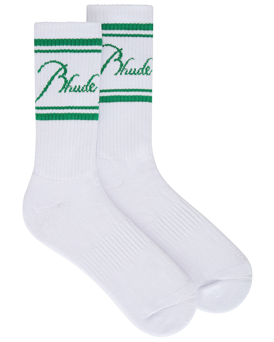 Image 1 of Rhude Script Logo Socks in White & Green