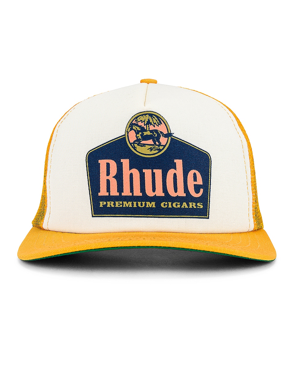 Image 1 of Rhude Cigars Trucker Hat in Yellow & Ivory