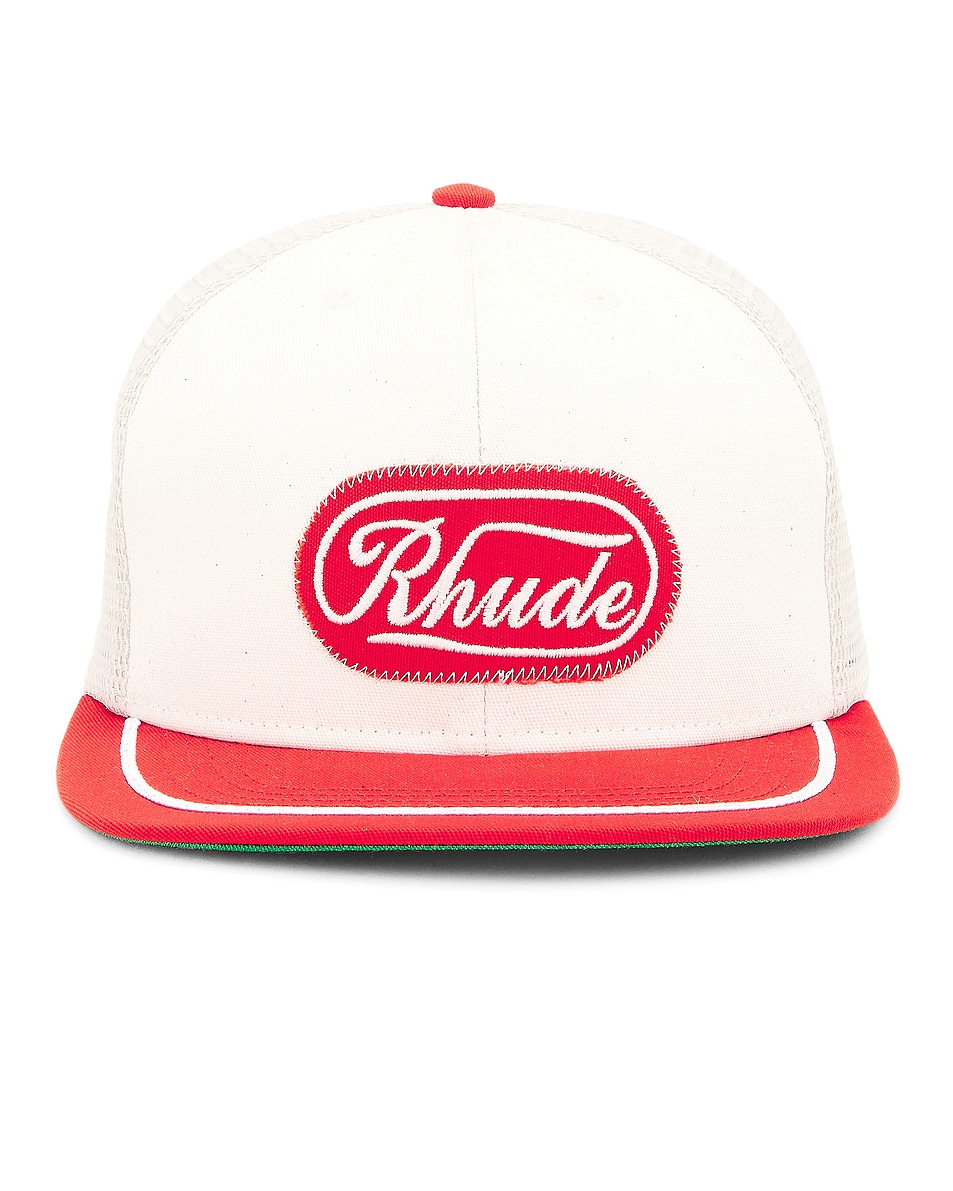 Image 1 of Rhude Patch Trucker Hat in Off White & Red