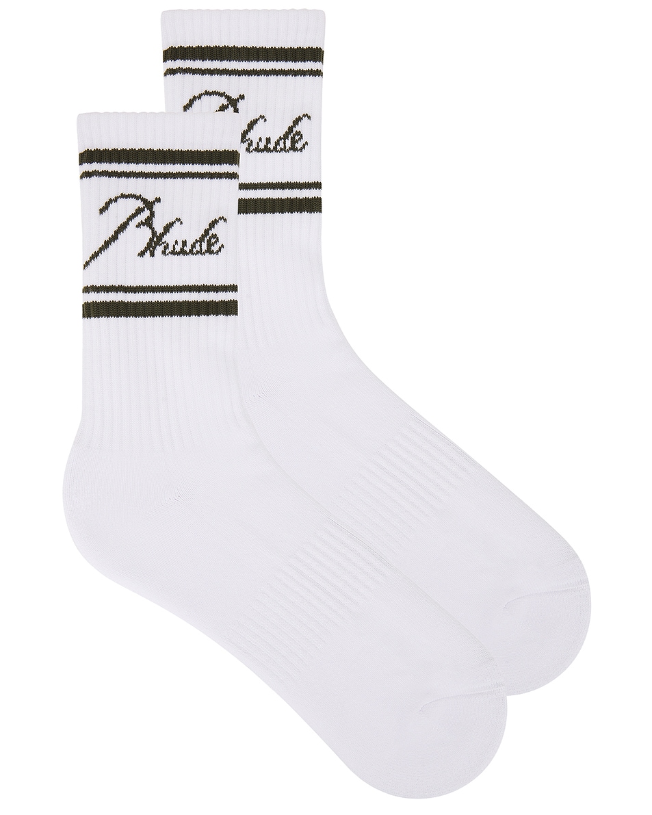 Image 1 of Rhude Striped Script Logo Socks in White & Olive