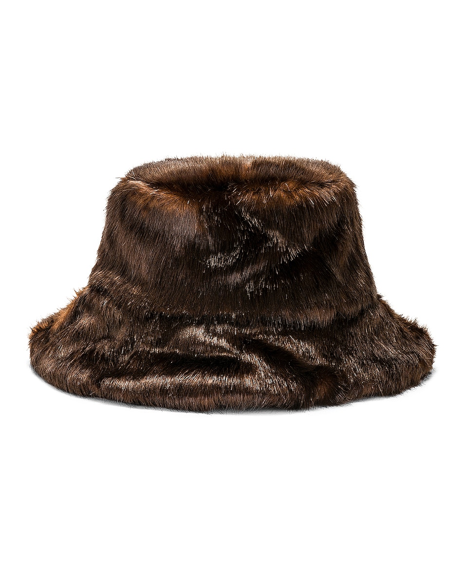 Image 1 of STAND STUDIO Wera Faux Fur Oversized Bucket Hat in Dark Brown