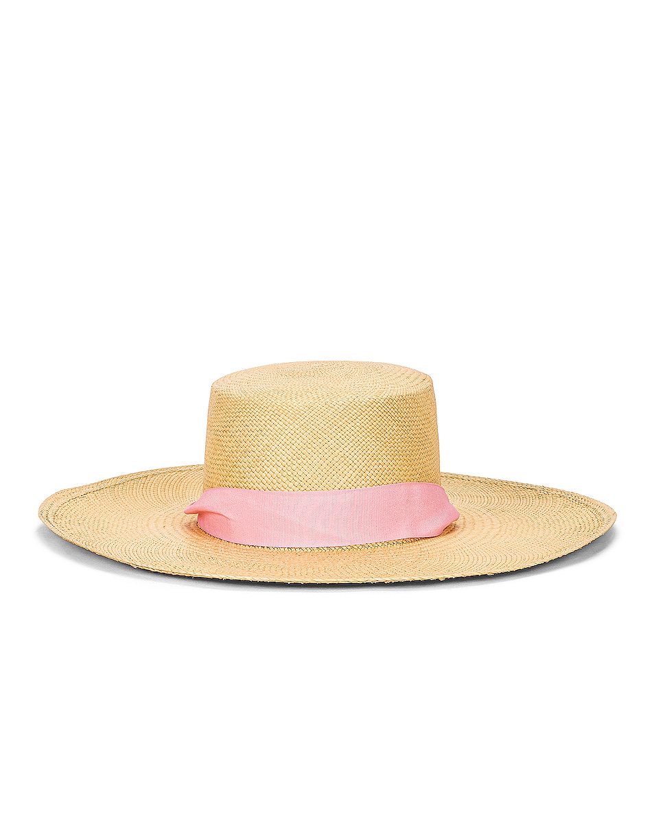 Image 1 of SENSI STUDIO Cordovez Long Brim Hat in Beige Straw & Pink Band