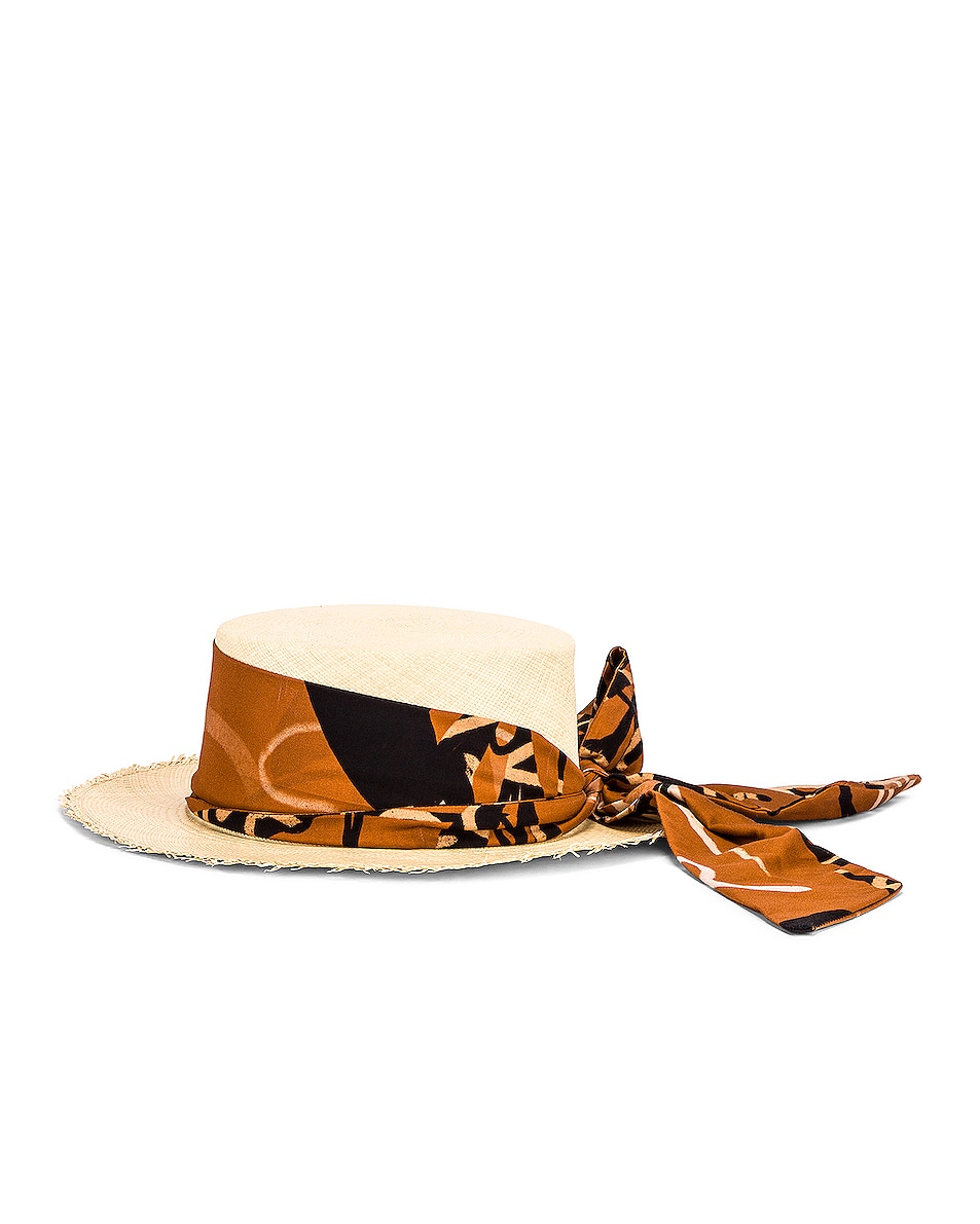 Image 1 of SENSI STUDIO Cordovan Frayed Adjustable Band Hat in Natural & Cotton Garza Base Ochre