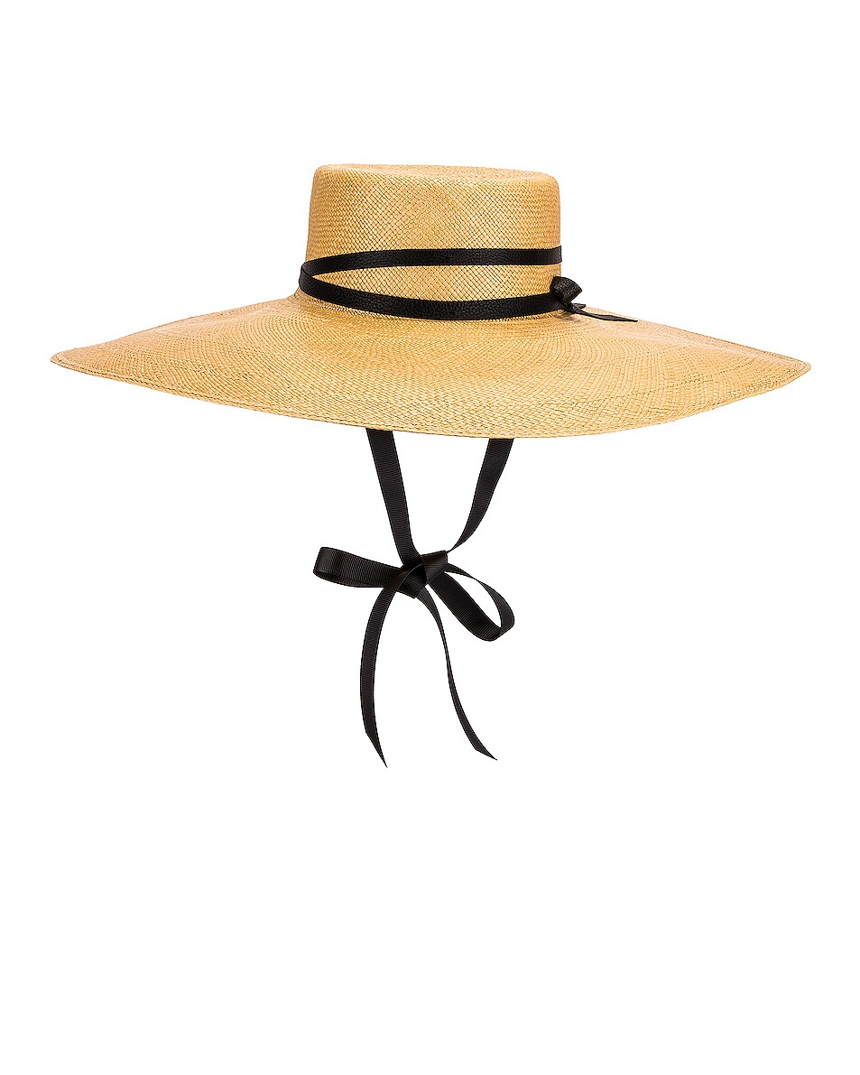 Image 1 of SENSI STUDIO Extra Long Brim Leather Ribbon Hat in Beige & Black