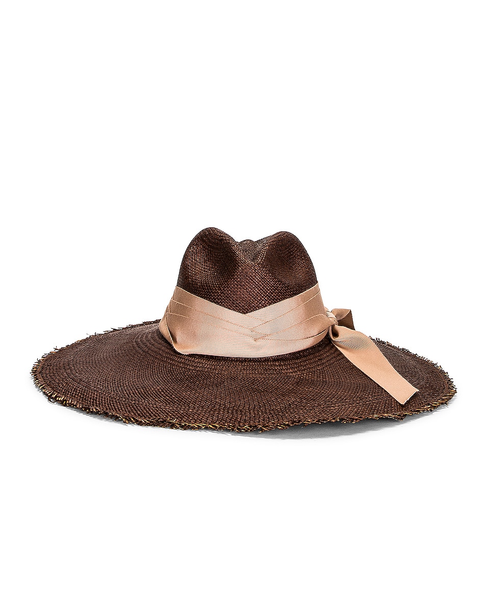 Image 1 of SENSI STUDIO Panama Frayed Long Brim Hat in Chocolate & Dark Taupe