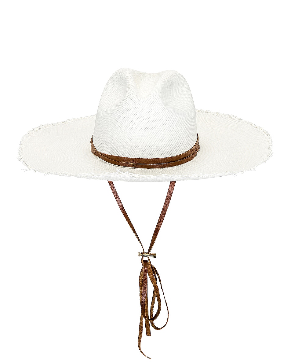Image 1 of SENSI STUDIO Frayed Fedora Long Brim Hat in White & Cognac